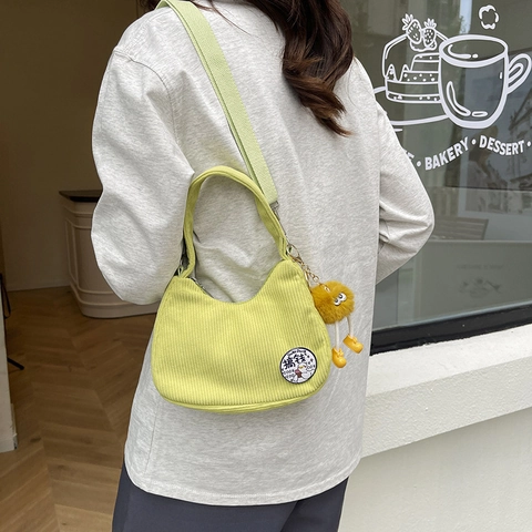 Borsa Hobo In Velluto A Coste Mezzaluna Tracolla Spalla Casual Patch Cartoni Animati Cerniera Donna