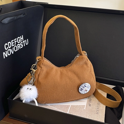 Borsa Hobo In Velluto A Coste Mezzaluna Tracolla Spalla Casual Patch Cartoni Animati Cerniera Donna