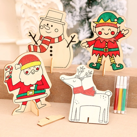 DIY Christmas Wooden Ornaments With Markers Santa Claus Snowman Reindeer Elf Shapes Wooden Tabletop Decoration Kids Gift