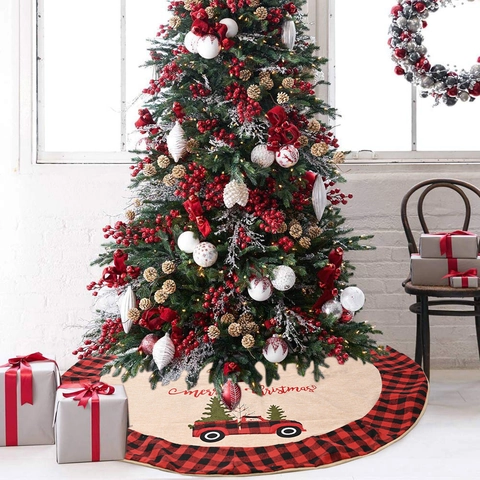 Red Truck Christmas Tree Skirt Buffalo Plaid Edge Linen Like Fabric Round Xmas Tree Mat For Holiday Home Party Decoration
