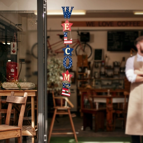 Cartello di Benvenuto in Legno Patriottico Giorno dell'Indipendenza Bandiera Americana Stelle Strisce Rosso Bianco Blu Decorazione Porta