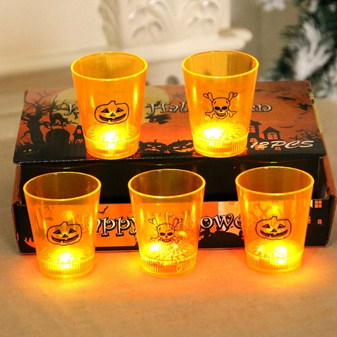Bicchierini di Plastica a LED per Halloween Arancione Traslucido Motivo Zucca Teschio Decorazione Atmosfera Festa