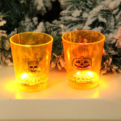 Bicchierini di Plastica a LED per Halloween Arancione Traslucido Motivo Zucca Teschio Decorazione Atmosfera Festa