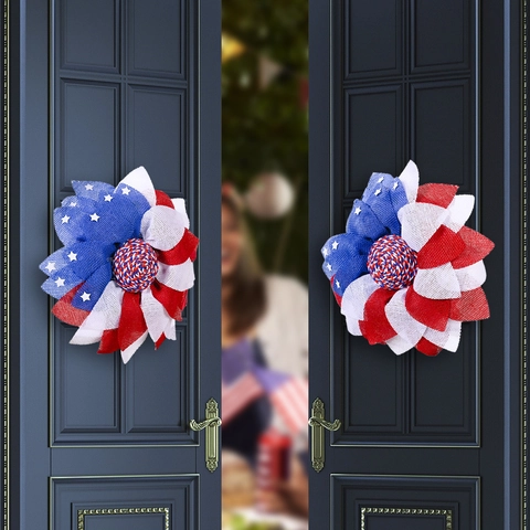 Unabhängigkeitstag Kranz Patriotisch Netzstoff Rot Weiß Blau Sterne Sonnenblumenform Türbehang Dekor Amerikanische Flagge Stil