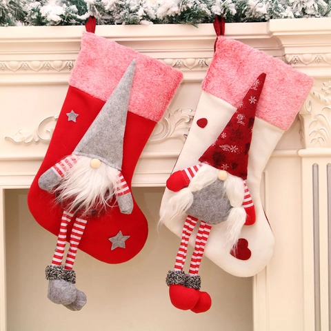 Gnome Christmas Stocking Large Hanging Sock With Long Legs Nordic Style Fireplace Decor Red White Plush Xmas Ornament For Home