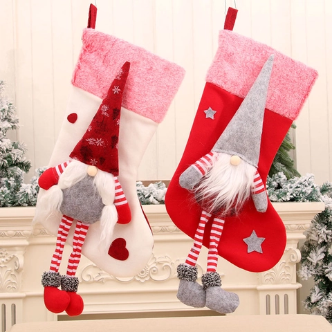 Gnome Christmas Stocking Large Hanging Sock With Long Legs Nordic Style Fireplace Decor Red White Plush Xmas Ornament For Home