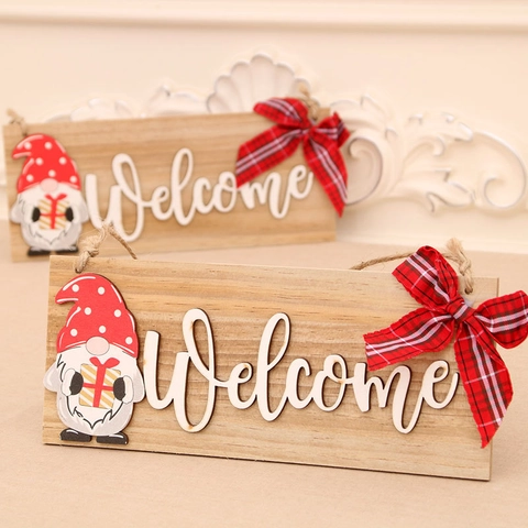Cartello Di Benvenuto Di Natale Appeso Alla Porta In Legno Gnomo Fiocco A Quadri Decorazione