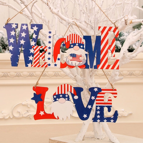 Decoración De Puerta Patriótica De Madera Día De La Independencia Welcome Love Gnome Estrellas Rayas Rojo Blanco Azul