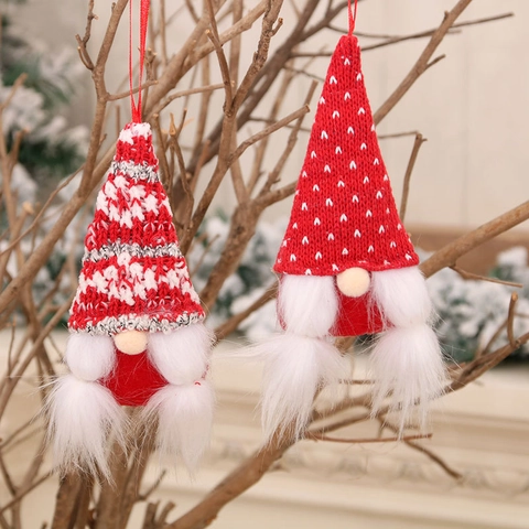 Weihnachtsgnom Hängende Dekoration Gestrickter Flanell Kunstpelz Weißer Bart Gepunkteter Gestreifter Hut Rote Feiertagsdeko