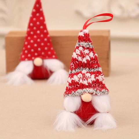 Weihnachtsgnom Hängende Dekoration Gestrickter Flanell Kunstpelz Weißer Bart Gepunkteter Gestreifter Hut Rote Feiertagsdeko