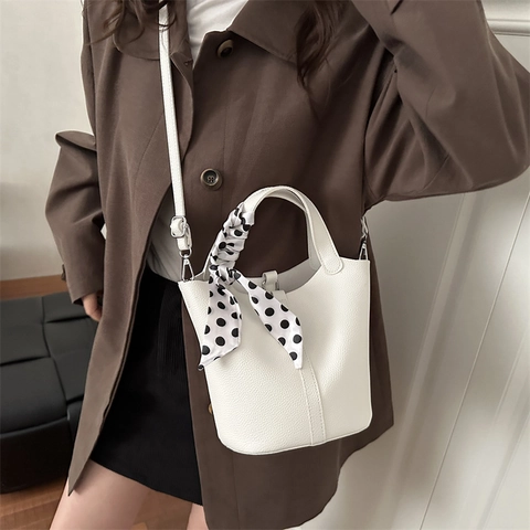Dames Lychee-patroon PU Leren Bucket Bag Met Satijnen Sjaal Elegante Schoudertas Crossbody Tas Retro Mode Handtas Casual