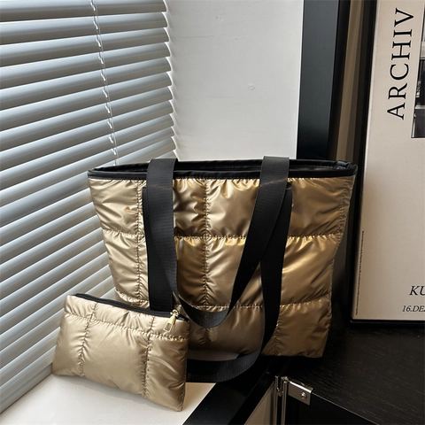 Bolso Tote Acolchado de Moda para Mujer Nailon Metálico Cuadrícula Gran Capacidad Bolso de Hombro con Cartera Casual