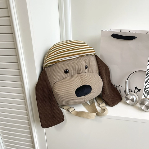 Sac à Dos en Velours Côtelé Chien Dessin Animé Femmes Mode Rayé Petit Décontracté Voyage École Sac Caqui
