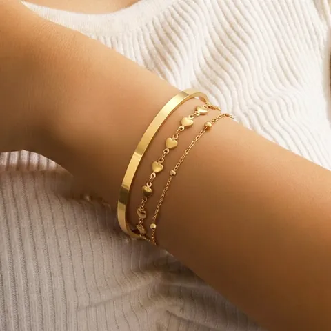 Pulsera De Corazón Y Brazalete Abierto De Acero Inoxidable Para Mujer Cadena De Capas Minimalista Con Cuentas Joyas