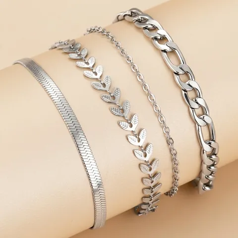 Bracciale In Acciaio Inossidabile Catena Grano Catena Serpente Piatta Ciondolo Foglia Gioielli Moda Regolabili Per Donna