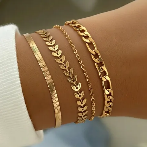 Stainless Steel Bracelet Wheat Chain Flat Snake Chain Leaf Charm Adjustable Fashion Jewelry For Women