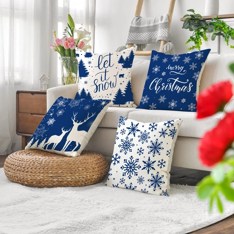 Christmas Pillow Covers Navy Blue White Snowflake Reindeer Forest Pattern Linen Texture Decorative Cushion Case Sofa Home Decor