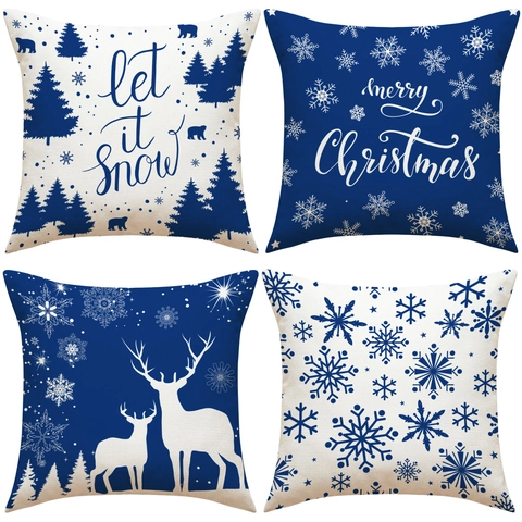 Christmas Pillow Covers Navy Blue White Snowflake Reindeer Forest Pattern Linen Texture Decorative Cushion Case Sofa Home Decor