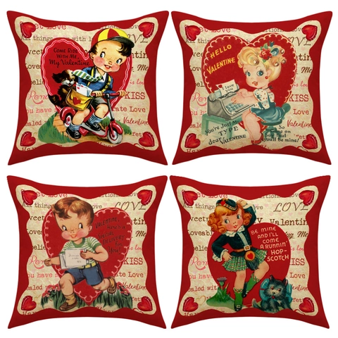 Vintage Valentine's Day Square Throw Pillowcase Linen Blend Heart Character Print Cushion Cover For Home Living Room Decor