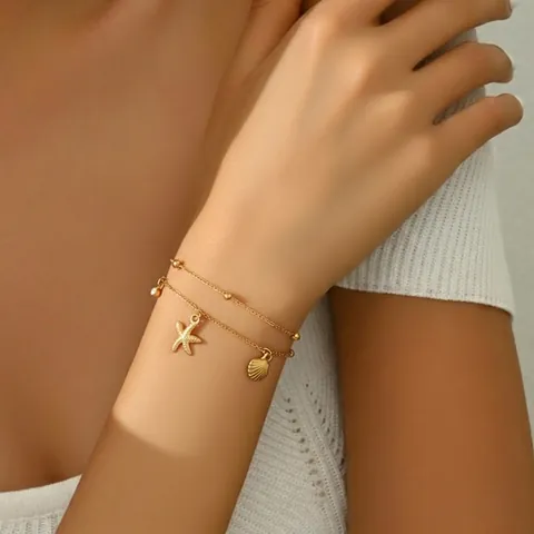 Seestern Muschel Zirkon Zweilagiges Edelstahlarmband Ozean Sommer Strand Verstellbarer Zierlicher Schmuck Damen