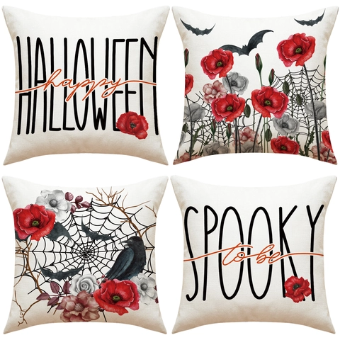 Halloween Gotische Kussenhoezen Linnen Sierkussen Sloop Bloem Spinnenweb Kraai Vleermuis Huis Decoratie Sofa Feest