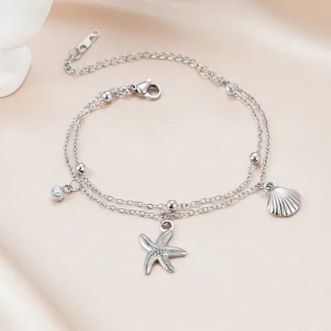 Seestern Muschel Zirkon Zweilagiges Edelstahlarmband Ozean Sommer Strand Verstellbarer Zierlicher Schmuck Damen