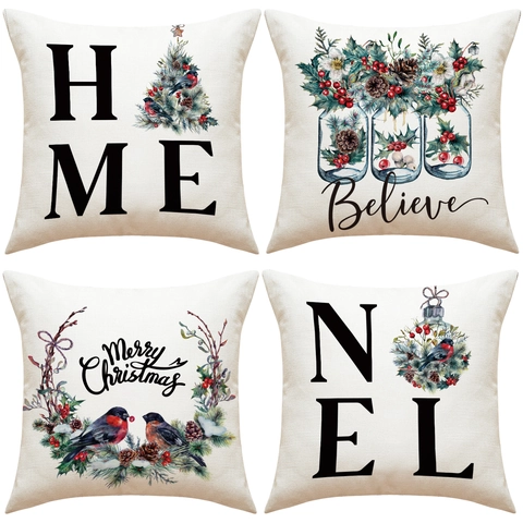 Kerst Decoratieve Kussensloop Linnen Kussenhoes Aquarel Vogel Letters Voor Sofa Bed Huisdecoratie Feestdagen