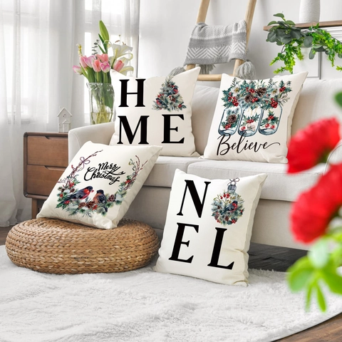 Kerst Decoratieve Kussensloop Linnen Kussenhoes Aquarel Vogel Letters Voor Sofa Bed Huisdecoratie Feestdagen