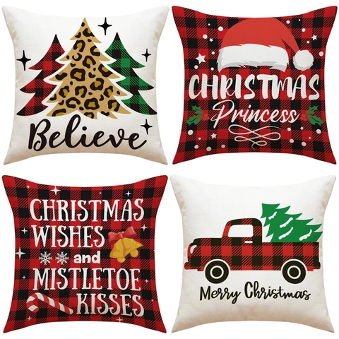 Federe Per Cuscini Di Natale Buffalo Plaid Copricuscini Lino Decorazione Festiva Camion Retrò Albero Per Divano Casa