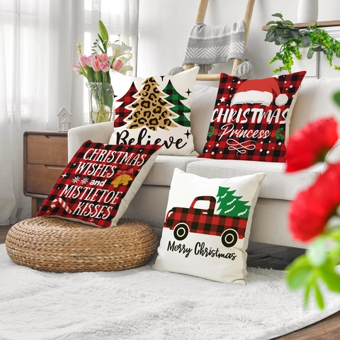 Federe Per Cuscini Di Natale Buffalo Plaid Copricuscini Lino Decorazione Festiva Camion Retrò Albero Per Divano Casa