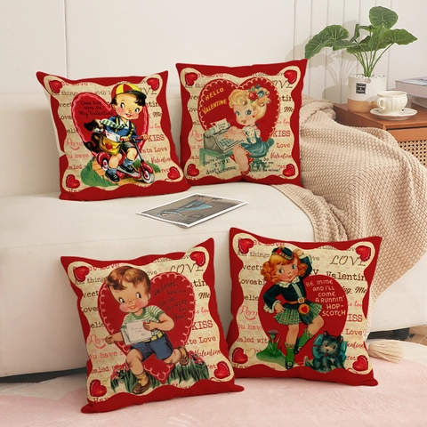 Vintage Valentine's Day Square Throw Pillowcase Linen Blend Heart Character Print Cushion Cover For Home Living Room Decor