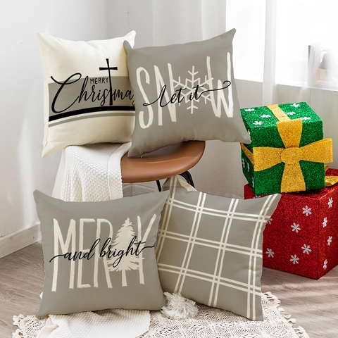 Kerst Kussenslopen Linnenmix Letterprint Sneeuwvlok Kerstboom Geruit Vierkant Huis Bank Feestelijke Decoratie Noords