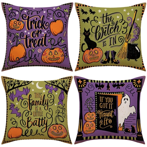 Fundas De Cojín De Halloween Lino Calabaza Fantasma Gato Negro Impresión Letras Decoración Hogar Sofá Fiesta