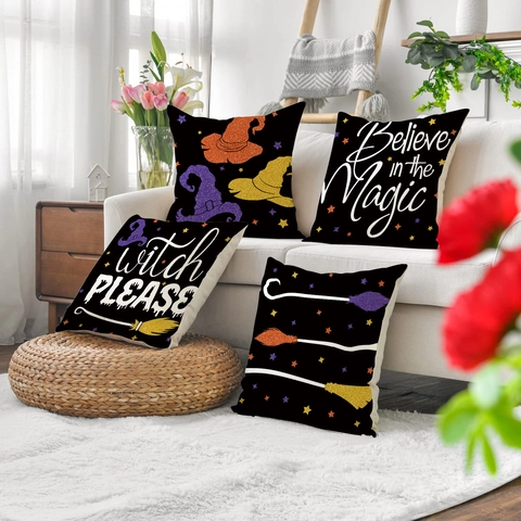 Taies d'Oreiller Décoratives Halloween en Lin Chapeau de Sorcière Balai Étoiles Imprimé Carré pour Canapé Maison