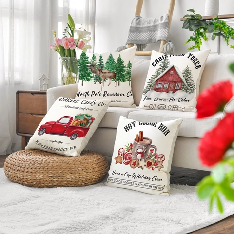 Federa in Lino Natalizia Renna Camion Rosso Baita Invernale Stampa Acquerello Copricuscino Decorativo per Divano Casa