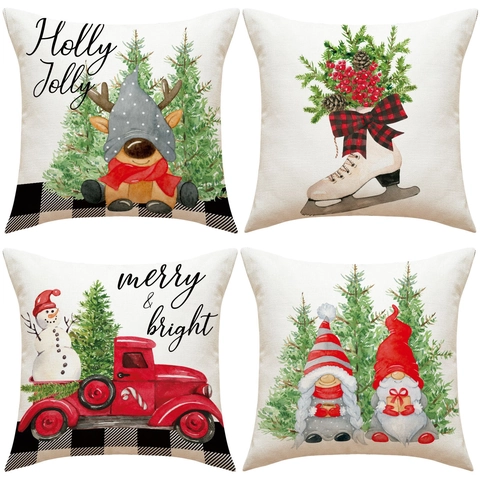 Weihnachts Deko Kissenbezüge Leinen Polyester Aquarell Gnomen Retro Roter LKW Druck Festliche Heimdekoration