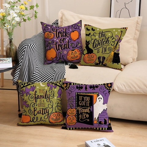 Fundas De Cojín De Halloween Lino Calabaza Fantasma Gato Negro Impresión Letras Decoración Hogar Sofá Fiesta