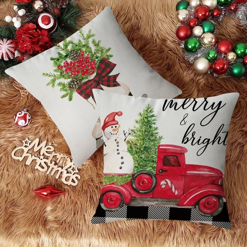 Weihnachts Deko Kissenbezüge Leinen Polyester Aquarell Gnomen Retro Roter LKW Druck Festliche Heimdekoration