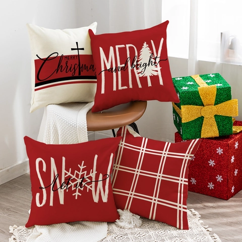 Federe Natalizie a Quadri Rossi Let It Snow Lettere Stampate Poliestere Effetto Lino Federe Decorative per Divano Soggiorno Decorazioni per la Casa