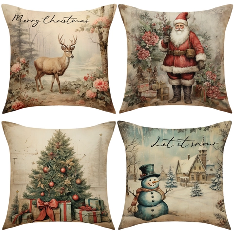 Vintage Christmas Pillowcase Retro Santa Reindeer Snowman Print Decorative Cushion Cover For Sofa Living Room Home Decor