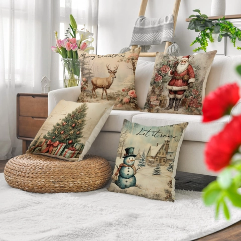 Vintage Christmas Pillowcase Retro Santa Reindeer Snowman Print Decorative Cushion Cover For Sofa Living Room Home Decor