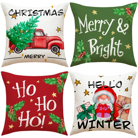Federe Per Cuscini Di Natale Trama Lino Camion Rosso Gnomo Stampa Lettere Decoro Divano