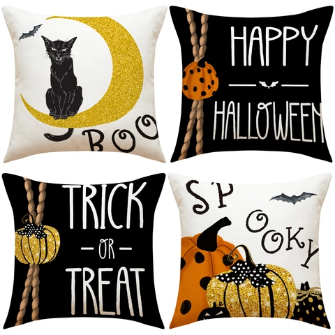 Halloween Decorative Throw Pillowcase Linen Look Polyester Cushion Cover Pumpkin Black Cat Bat Print For Sofa Living Room Decor