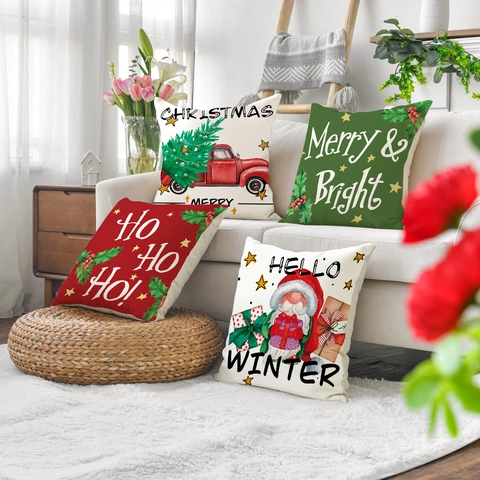 Federe Per Cuscini Di Natale Trama Lino Camion Rosso Gnomo Stampa Lettere Decoro Divano
