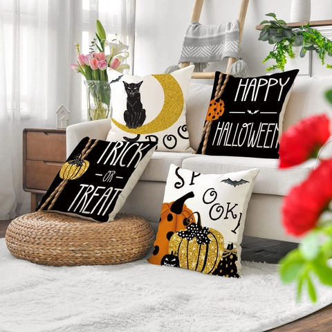 Halloween Decorative Throw Pillowcase Linen Look Polyester Cushion Cover Pumpkin Black Cat Bat Print For Sofa Living Room Decor