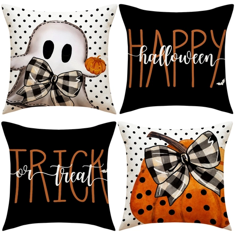 Halloween Throw Pillow Covers Linen Polyester Pumpkin Ghost Printed Cartoon Polka Dot Cushion Covers For Sofa Home Decor