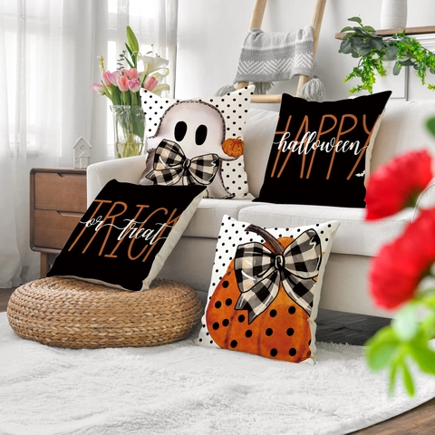 Halloween Throw Pillow Covers Linen Polyester Pumpkin Ghost Printed Cartoon Polka Dot Cushion Covers For Sofa Home Decor