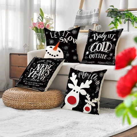 Kerstmis Kussenhoes Linnen Polyester Sneeuwpop Rendier Bedrukt Decoratieve Kussensloop Voor Bank Couch Feestdagen Decor