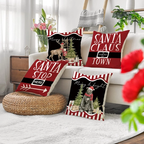 Fundas De Cojín De Navidad Lino Funda Decorativa Estampado Ciervo Oso Festivo Para Sofá Decoración Hogar Invierno