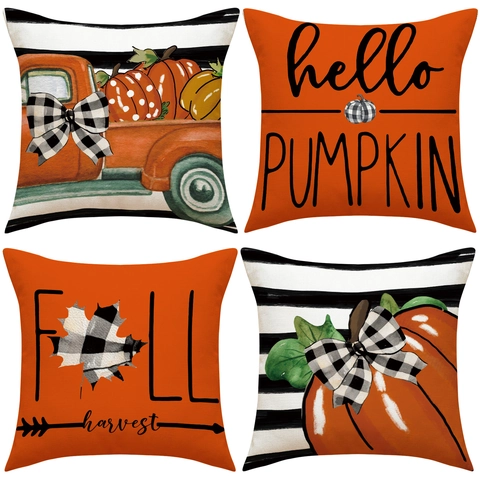 Herfst Thanksgiving Pompoen Kussenslopen Linnen Decoratieve Kussenhoezen Vintage Truck Buffalo Plaid Huis Bank